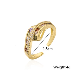 Detailed view of gold plated geometric ring with colorful cubic zirconia stones and 1.8cm diameter