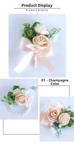 Detail of champagne wedding boutonniere and pearl wrist corsage set with silk roses