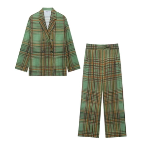 Ensemble Tailleur Décontracté pour Femme Blazer Croisé à Carreaux Verts Vintage et Pantalon Large Long
