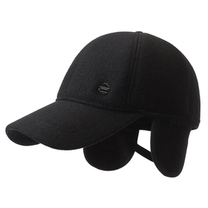 Men's winter baseball cap with ear flaps and warm fleece lining in black knit fabric