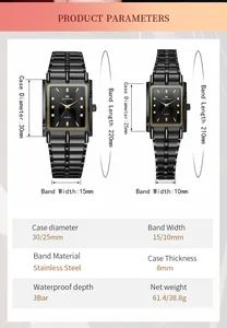 Spécifications détaillées de taille et paramètres pour montres couple en acier