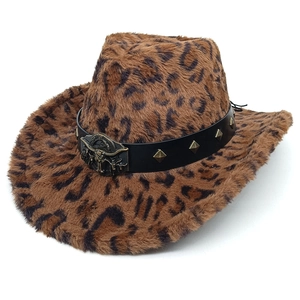 Chapeau De Cowboy Western En Fausse Fourrure Imprimé Léopard Avec Boucle Crâne De Taureau Rivets Chaud Hiver