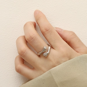 Silver minimalist hug hand open ring with unique wrap design for women and men