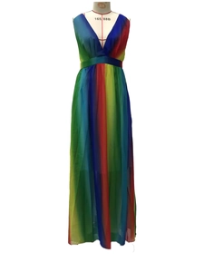 Detail of colorful rainbow gradient pleats on lightweight chiffon V-neck maxi dress