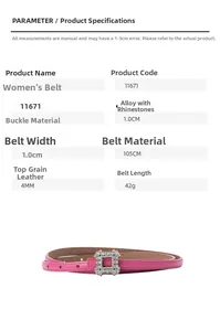 Pink slim genuine leather belt detail showing rhinestone buckle and 1.0cm width dimensions