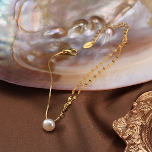 925 Sterling Silver Gold Plated Snake Chain Bracelet with Natural Freshwater Pearl Charm