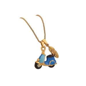 Golden box chain necklace featuring a blue scooter pendant and small gold feather charm