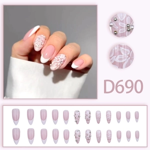 French almond press-on nails with white 3D floral reliefs and pearls, 24pcs set