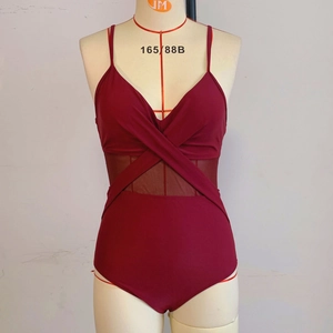 Detailed view of burgundy one-piece swimsuit featuring mesh panels and criss-cross straps