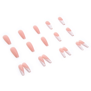 French tip coffin fake nails in nude pink with silver glitter accents and white edges