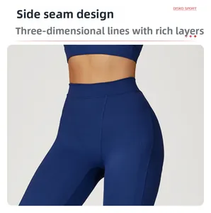 Detail view of high waisted navy yoga leggings showing side seam stitching for sculpting