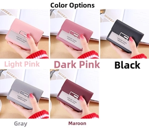 Detailed grid view of compact tri-fold wallets for women in five assorted colors