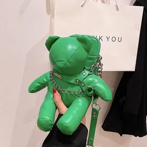Cute 3D Teddy Bear Shaped Crossbody Bag PU Leather Mobile Phone Pouch With Silver Metal Chain Fashion Streetwear For Women Girls