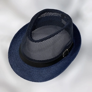 Close-up of navy blue summer fedora showing breathable mesh crown and leather band detail