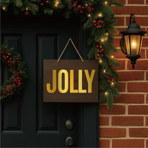Close-up of JOLLY wooden Christmas sign with gold lettering hanging on a festive front door