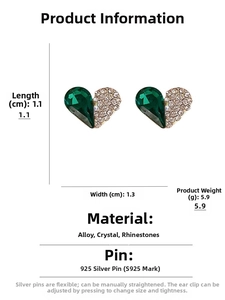 Detail view of heart stud earrings with green crystal and S925 silver needle dimensions