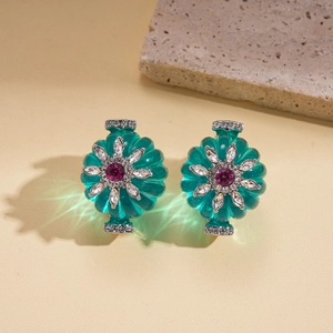 Macro shot of vintage resin earrings featuring green pumpkin beads and rhinestone flower