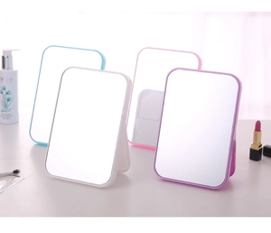 Detail view of portable desktop makeup mirrors in white, blue, pink, and purple frames