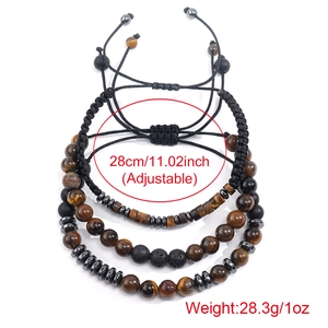 Lot de 3 bracelets en pierre d'oeil de tigre et pierre volcanique réglable pour homme
