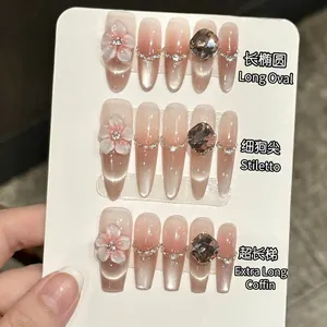 Faux Ongles À Presser Faits À La Main Avec Fleur 3D Effet Œil De Chat Dégradé Rose Strass Künstliche Perles Élégant Longs