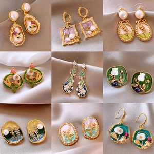 French Vintage Floral Artificial Pearl Earrings With Enamel Designs And 925 Sterling Silver Earring Post For Women Jewelry