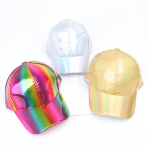 Three gradient rainbow metallic PU leather baseball hats in silver, gold and iridescent hues