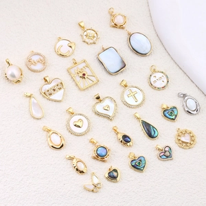 Gold Plated Copper Mother Of Artificial Pearl Abalone Shell Charms For DIY Jewelry Making Women Zircon Mom Heart Butterfly Shape