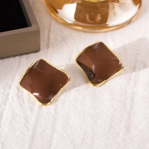 Elegant gold-plated irregular geometric square stud earrings in brown enamel finish