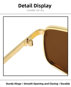 Detail view of the durable gold metal hinge and screw design on rectangular sunglasses