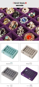 Detailed view of a 24-grid velvet jewelry box with transparent lid in multiple colors