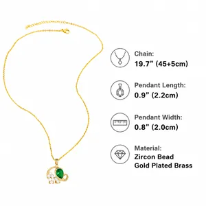 Size chart showing elephant pendant necklace dimensions with zircon and pearl details