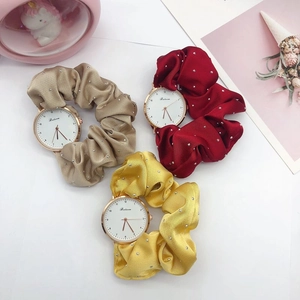 Elegant women's scrunchie watch with rhinestone ribbon strap in multiple colors