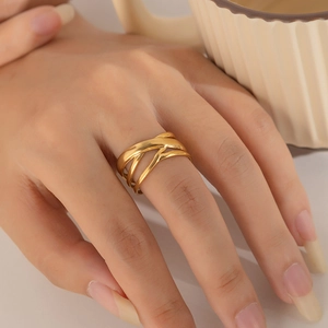 Fashionable 18K gold plated multi-layer stainless steel snake ring worn by a model