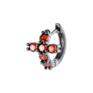 Black cross hoop earring with red round zircon stones for a minimalist unisex look