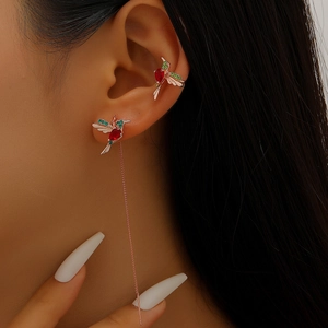 Colorful zircon hummingbird ear cuff and tassel earring set in rose gold plating