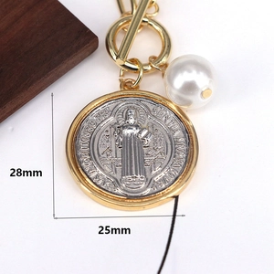 Vintage religious coin pendant necklace with a white pearl and detailed dimensions
