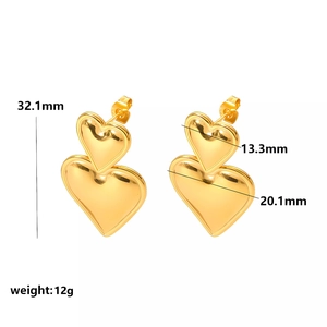 Double layered gold heart earrings in stainless steel with 32.1mm length and 12g weight