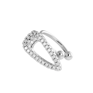 Silver U-shaped ear cuff with micro-paved cubic zirconia crystals in teardrop design