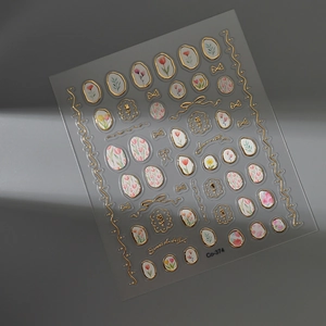 Macro shot of 5D embossed tulip nail stickers with gold outlines and Co-374 model number