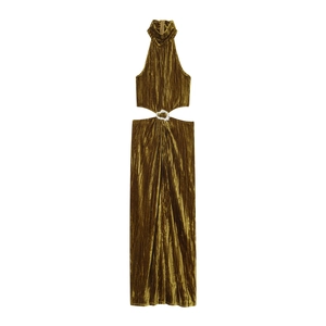 Vestito Lungo Allacciato Al Collo Velluto Pieghettato Vita Cut-Out Fibbia Strass Senza Maniche Collo Alto Elegante Festa Donna