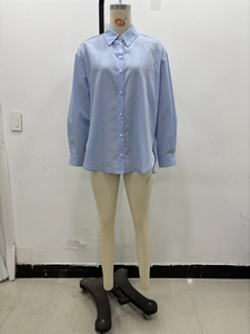 Detail view of light blue cotton button-down shirt with classic collar and relaxed fit