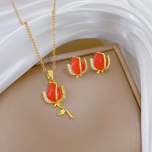 Red Rose Tulip Flower Jewelry Necklace And Earrings Gold Plated Titanium Steel Copper Cubic Zirconia Temperament For Women