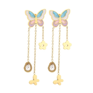 Golden butterfly tassel earrings with colorful enamel wings and clear crystal teardrop