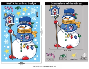 Detailed sheet showing 20x30cm snowman Christmas static stickers with size measurements