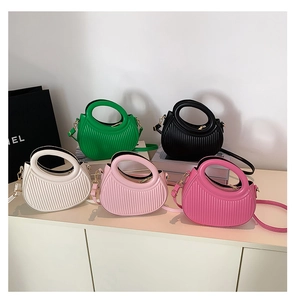 Chic pleated crescent moon handbags in five colors with metal ring handles and straps
