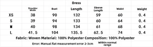 Size chart for V-neck ruffle chiffon maxi dress with measurements in XS to L