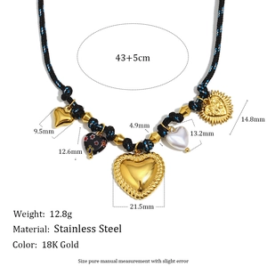 Woven cord necklace with multi-element heart pendants in 18K gold plated stainless steel
