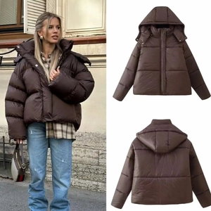 Veste Matelassée Courte À Capuche Femme Manteau Rembourré Polyester Chaud Épais Couleur Unie Fermeture Éclair Café