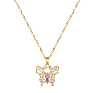 Luxurious titanium steel butterfly necklace with pink stone and sparkling crystals