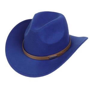 Macro detail of blue felt cowboy hat with brown leather band and metallic buckle